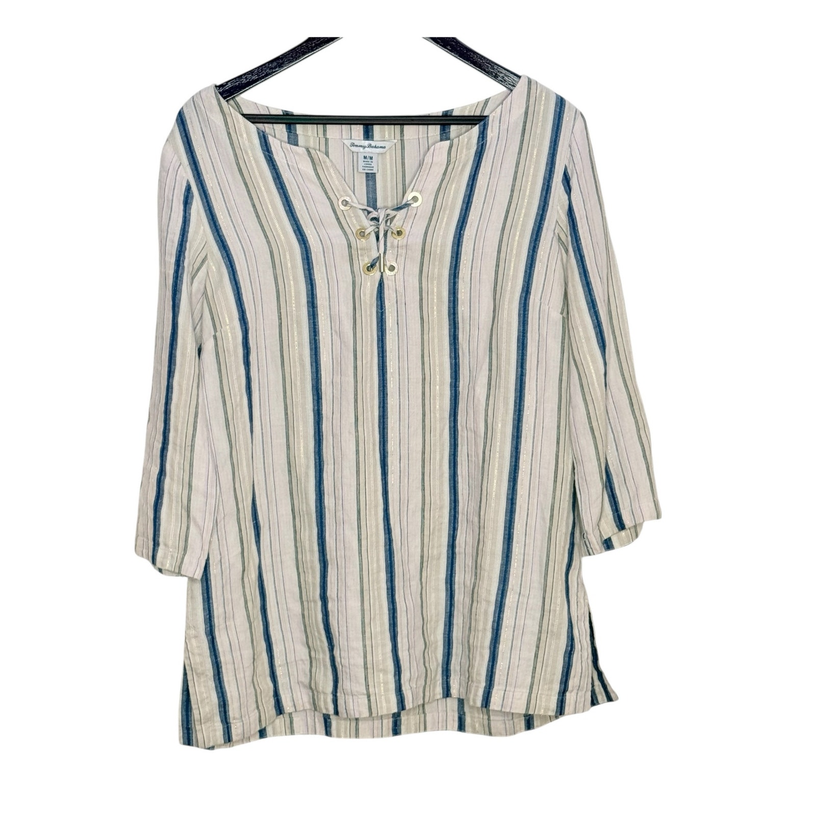 Tommy Bahama Linen Striped Blue Cream Top Coastal Beachy Resort Relaxed Medium